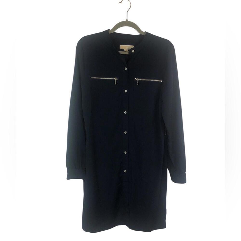 Michael Kors Dark Blue Long Sleeve Shirt Dress Stand Up Color Zip Front Pockets